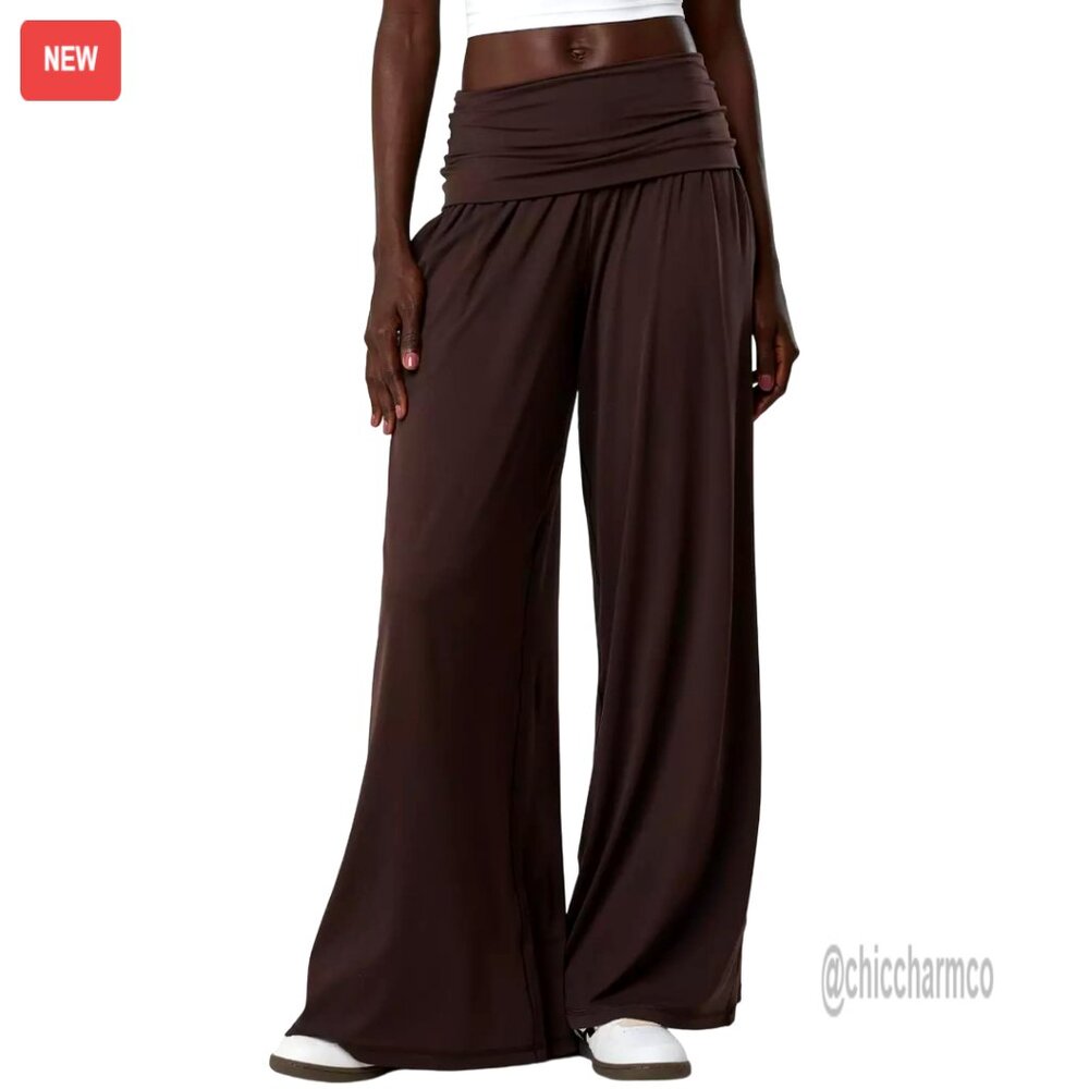 Fold Over Wide Leg Yoga Pants Mid-Waist Flare Lounge Sweatpants With Pockets